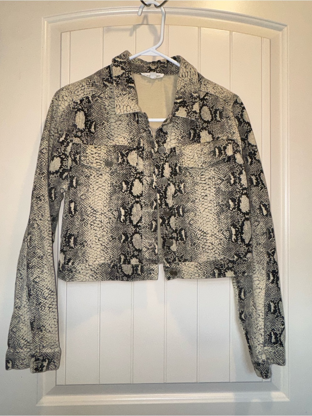 Cropped Snake-Print Jean Jacket in Black & Cream